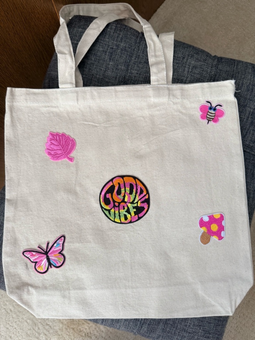 Canvas Tote Bag with Pink Butterfly & 'Good Vibes' Patch